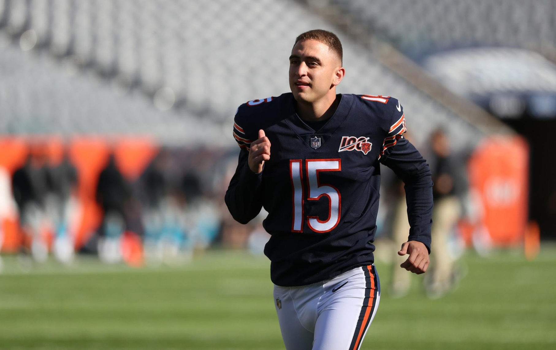 Chicago Bears kicker Eddy Pineiro (15) warms up for a preseason game against the Carolina Panthers on Thursday, Aug. 8, 2019 at Soldier Field in Chicago, Ill.